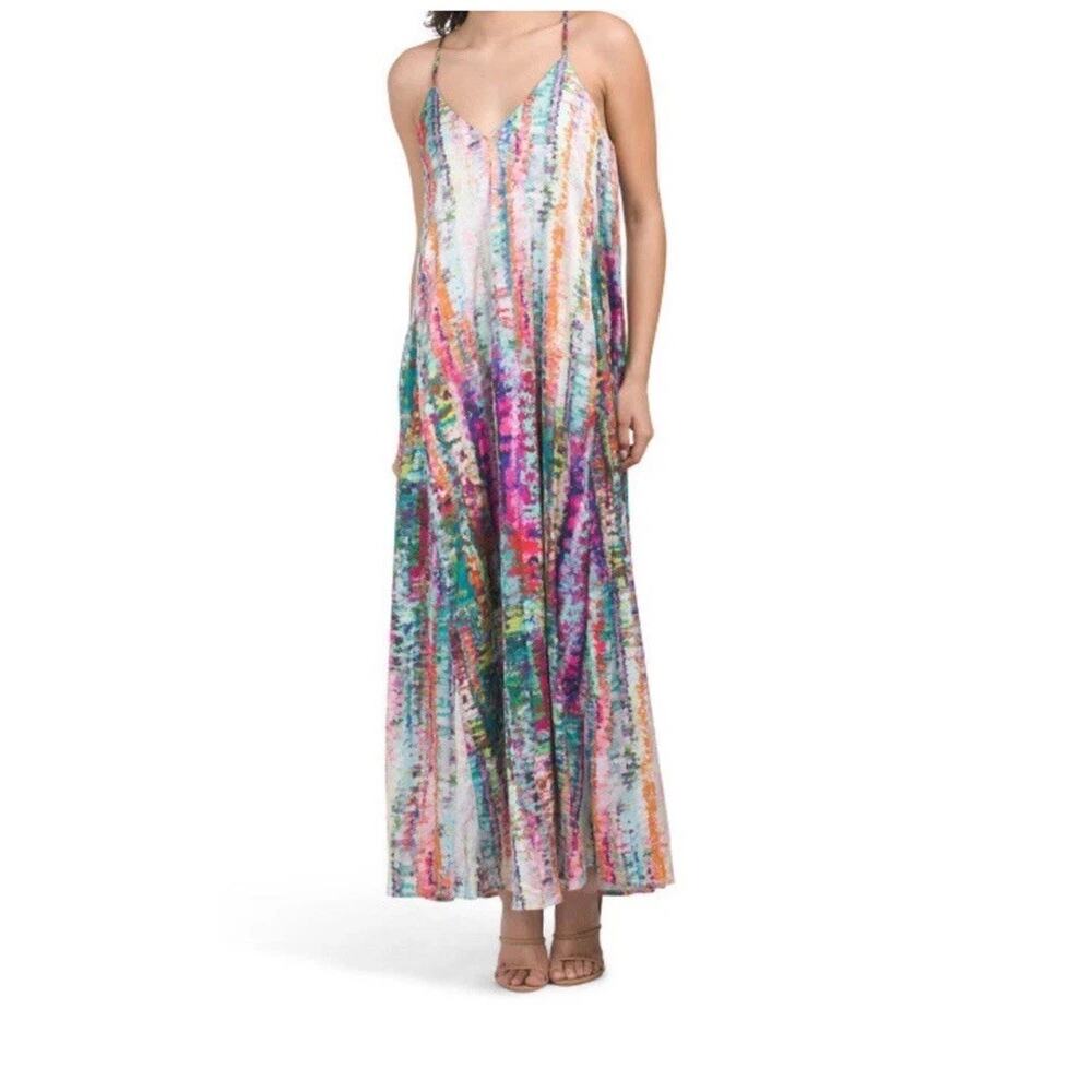 Nicole Miller Slip Dress Womens 2X Satin Watercolor Multicolor Party Guest Maxi